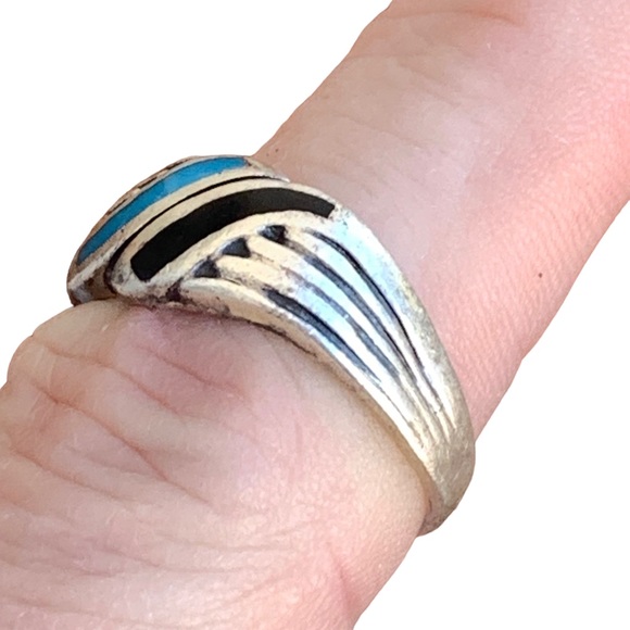 Black Onyx & Turquoise 925 Silver Unisex Ring Womans Mens Jewelry - Picture 3 of 7